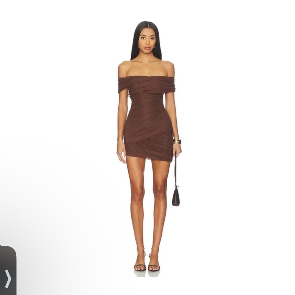 Lovers + Friends Ariela Off-Shoulder Ruched Mini Dress in Brown